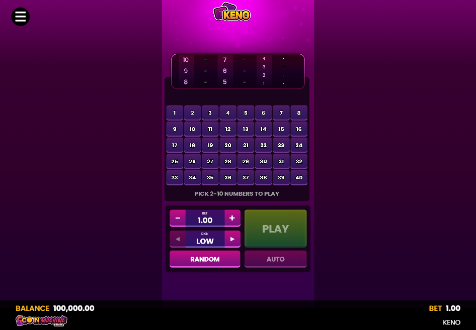 The main game screen of Keno by Coin Machine Gaming, showing the 40-number grid and player controls before a round begins.