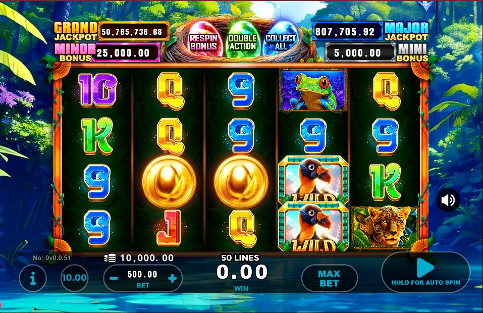 A screenshot of the King Vulture slot's main game, which features a 5x4 reel grid with jungle animal symbols, a Vulture Wild, and four visible jackpots at the top.