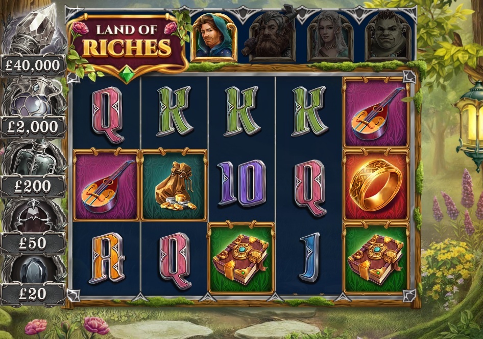 The base game grid of the Land of Riches slot, showcasing its fantasy character and item symbols.