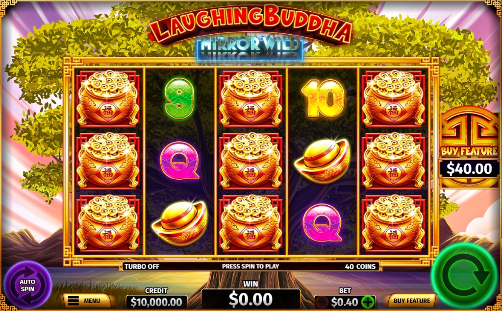 Laughing Buddha slot basic gameplay on a 5x3 grid with high-paying symbols and the serene Asian background.