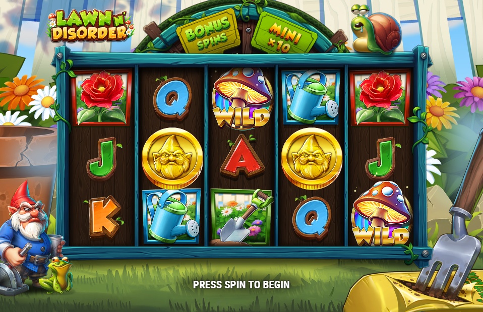 The main game screen for the Lawn N' Disorder slot, showing the 5x3 reel layout against a garden backdrop with a gnome character and a mushroom Wild symbol.
