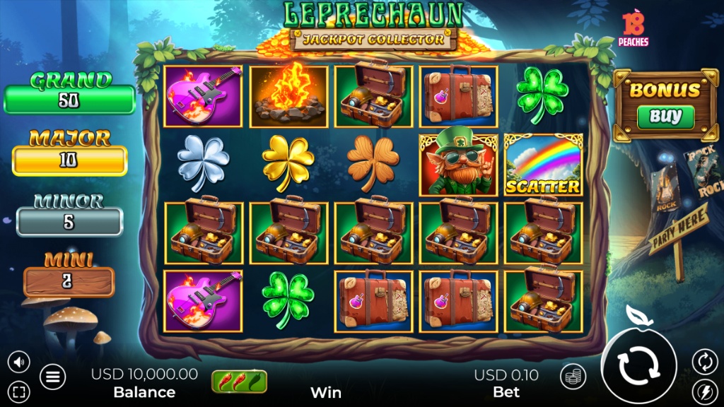 The main game screen of the Leprechaun Jackpot Collector slot, showcasing its 5x4 grid, Irish-themed symbols, and the four jackpot tiers on the left side.