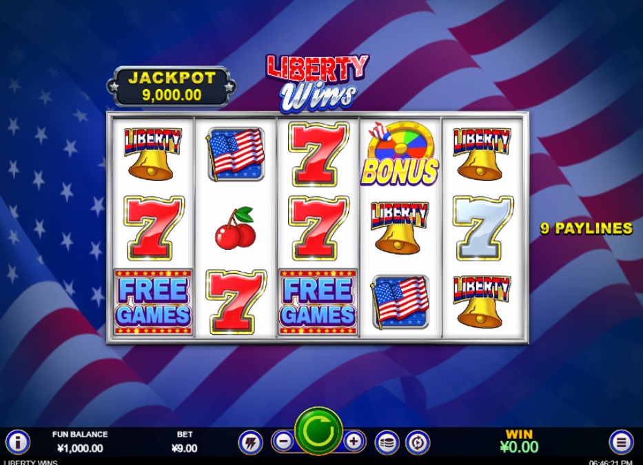 The main game grid of the Liberty Wins slot, showcasing its patriotic symbols and 5x3 reel layout.