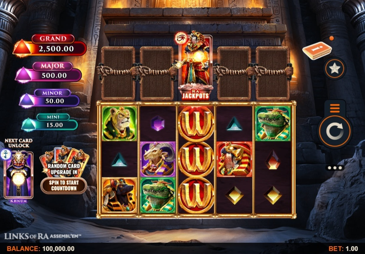 The base game screen of Links of Ra ASSEMBL’EM Power Combo, showing the 5x4 reel layout and Egyptian god symbols.
