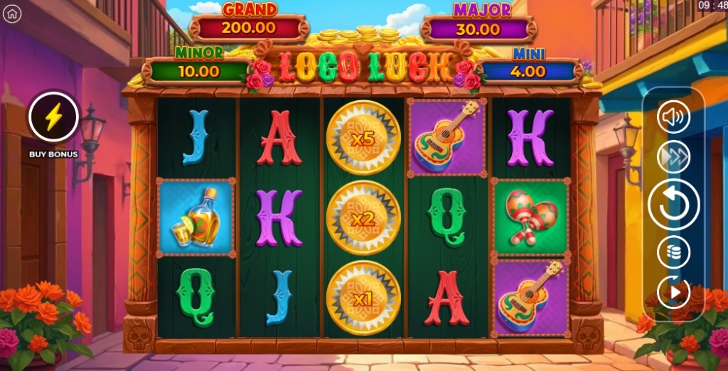 A screenshot of the Loco Luck slot from ThunderSpin, featuring its 5x3 grid with a special multiplier coin reel in the center and four fixed jackpots.