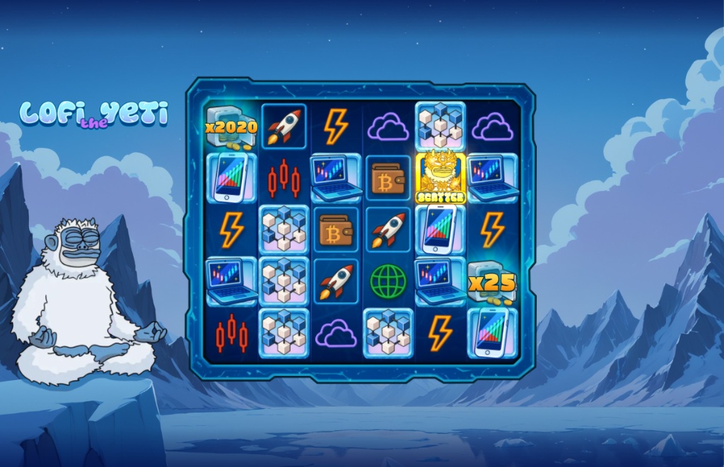 The Lofi The Yeti slot demo base game grid showing the peaceful Yeti character meditating beside the 6x6 reel layout.