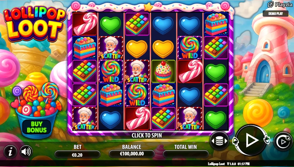 The main 5x5 gameplay grid of the Lollipop Loot slot, showing the candy-themed symbols and the bonus buy feature.