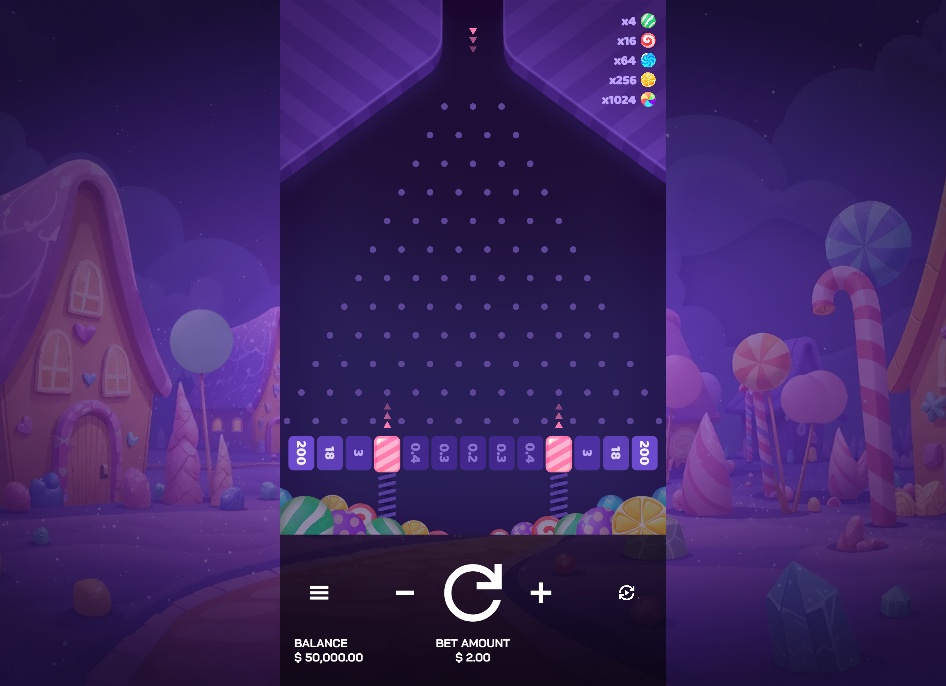 The main game board of the Lollypop Plinko slot, showing the peg pyramid and payout multipliers.