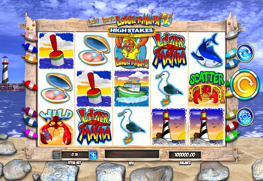 The 5x3 game grid for the Lucky Larry’s Lobstermania High Stakes slot, featuring its famous nautical-themed symbols like the crab wild, lighthouse, and fishing boat.