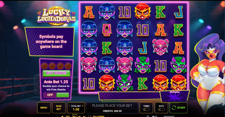 The 6x5 game grid of the Lucky Luchadoras slot, showcasing the colorful wrestling mask symbols and the Scatter Pays layout before a spin.