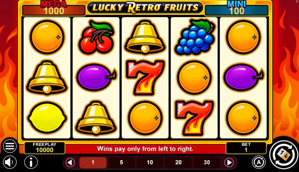 The 5x3 game grid of the Lucky Retro Fruits slot, filled with classic fruit machine symbols like cherries, bells, and sevens, with two jackpots displayed at the top.