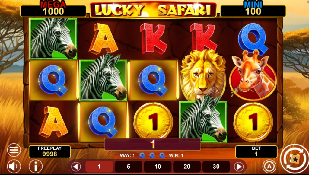 The main game screen of the Lucky Safari Hold & Win slot, featuring a 5x3 grid with safari animal symbols and visible Mega and Mini jackpots.