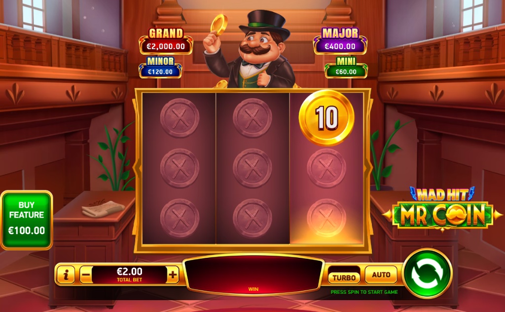 The 3x3 reel grid for the Mad Hit Mr Coin slot, featuring a special gold coin symbol with a value of 10.