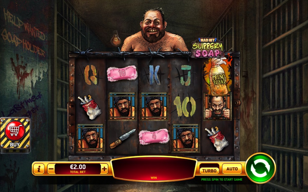 The 5x3 reel grid of the Mad Hit Slippery Soap slot, featuring various prison-themed character and item symbols.