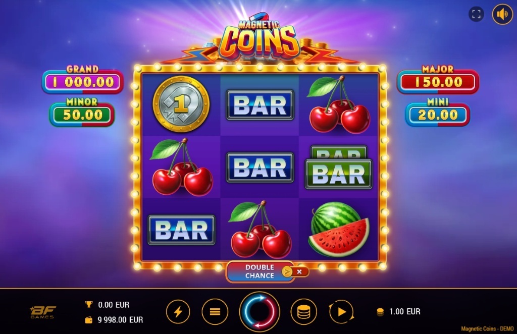 The main game screen of the Magnetic Coins slot by BF Games, featuring a 3x3 grid, classic symbols, and four fixed jackpots.