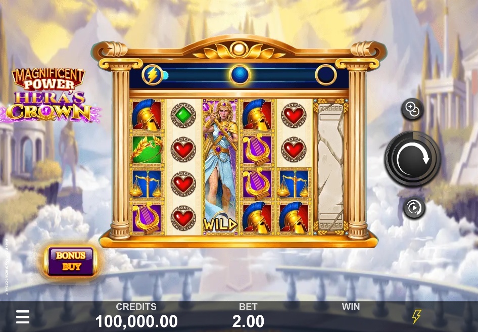 The base game grid of Magnificent Power Hera's Crown slot, showing the 5x4 layout and Mount Olympus background.