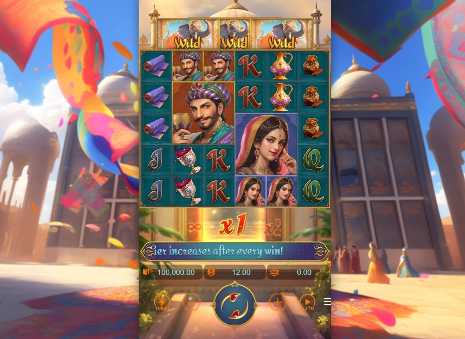 The main game screen of the Majestic Empire slot, showing the 5x6 reel layout and Indian palace theme before a spin.