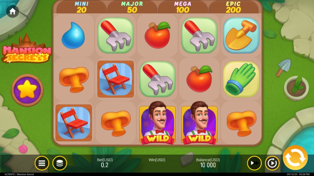 The main 5x3 game grid of the Mansion Secrets slot, showing the garden-themed symbols and wild characters during gameplay.