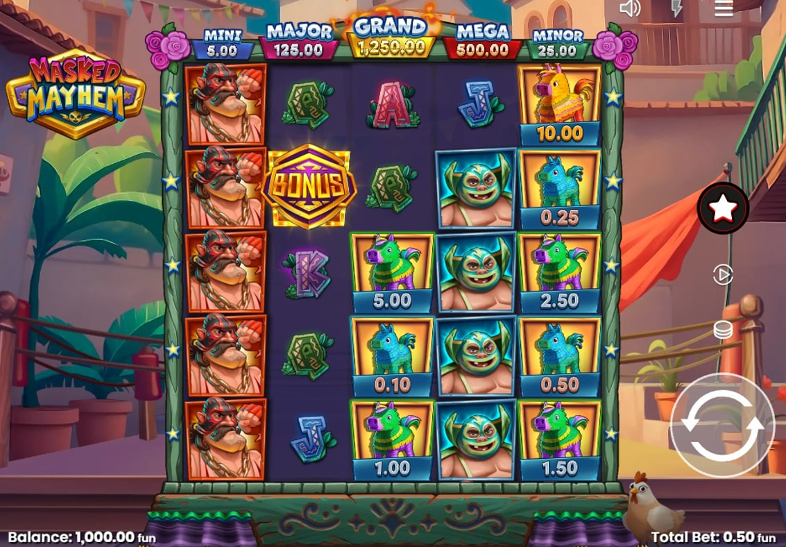 The main 5x4 game grid of the Masked Mayhem slot, showing wrestler symbols and a Bonus symbol during base gameplay.