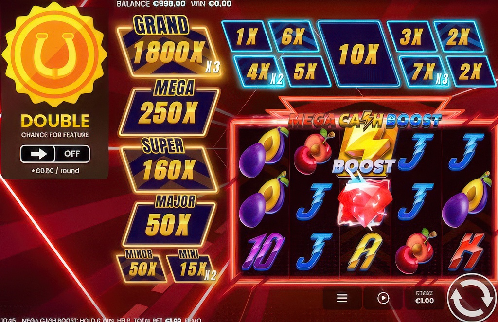 The feature-rich game screen of the Mega Cash Boost slot, showing its 5x3 grid, a six-tier jackpot ladder, and a special multiplier grid.