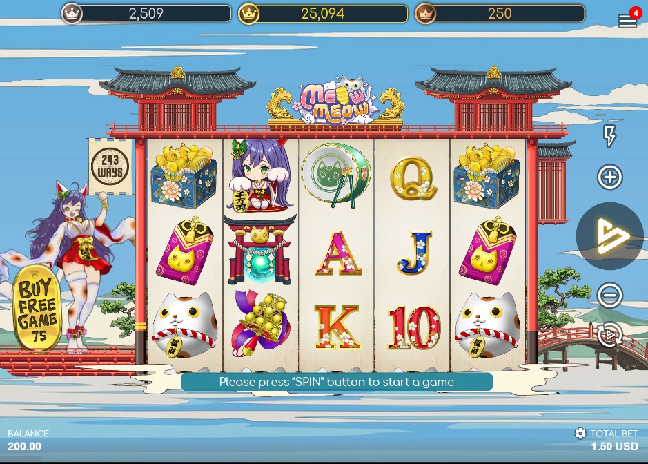The main 5x3 game grid of the Meow Meow slot, showcasing the high and low-paying symbols from SimplePlay.