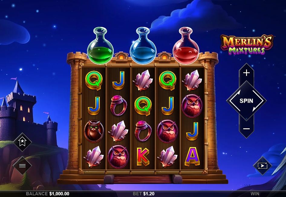 The main 5x4 game grid of the Merlin's Mixtures slot, showing Merlin and owl symbols against a night-time castle backdrop.