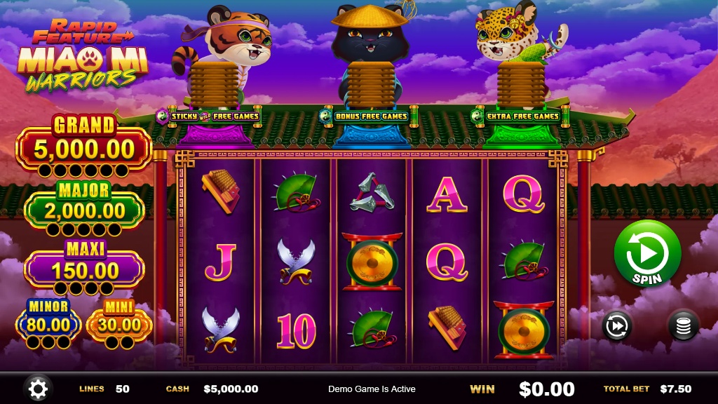 The main game grid of the Miao Mi Warriors slot, showing the five reels, jackpots, and warrior cat characters.