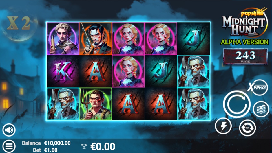 The 5x3 reel grid of the Midnight Hunt slot, showing the main character and fruit symbols during base gameplay.