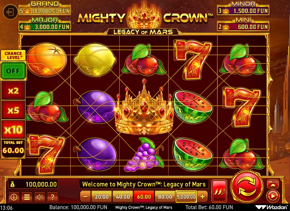 The base game grid of Mighty Crown: Legacy of Mars slot, showing the fruit symbols and jackpot displays.