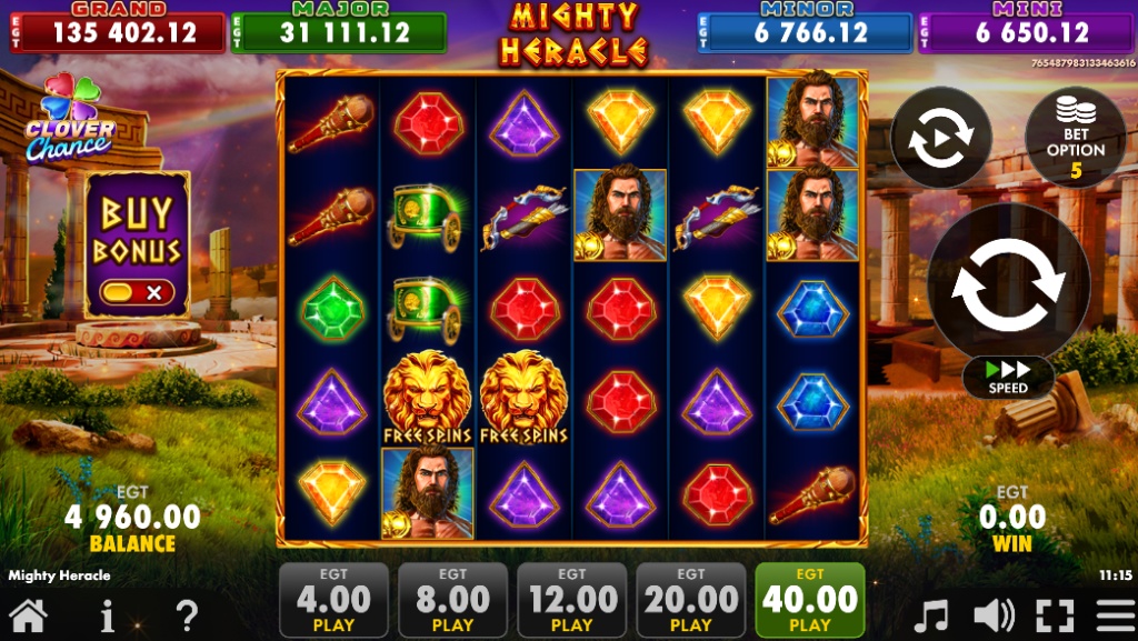 The 5x5 game grid for the Mighty Heracle slot, featuring symbols from Greek mythology including the hero Heracles, the Nemean Lion scatter, and a four-level jackpot display.