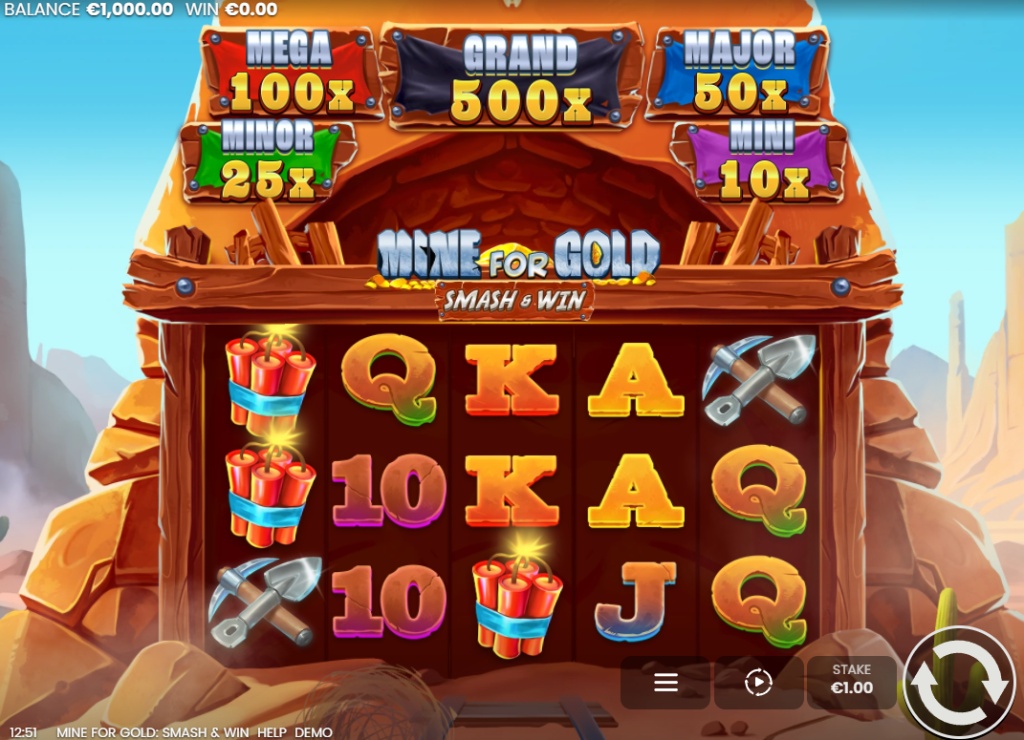 The 5x4 reel grid of the Mine for Gold: Smash & Win slot, showing its five fixed jackpot prizes above the mining-themed reels.