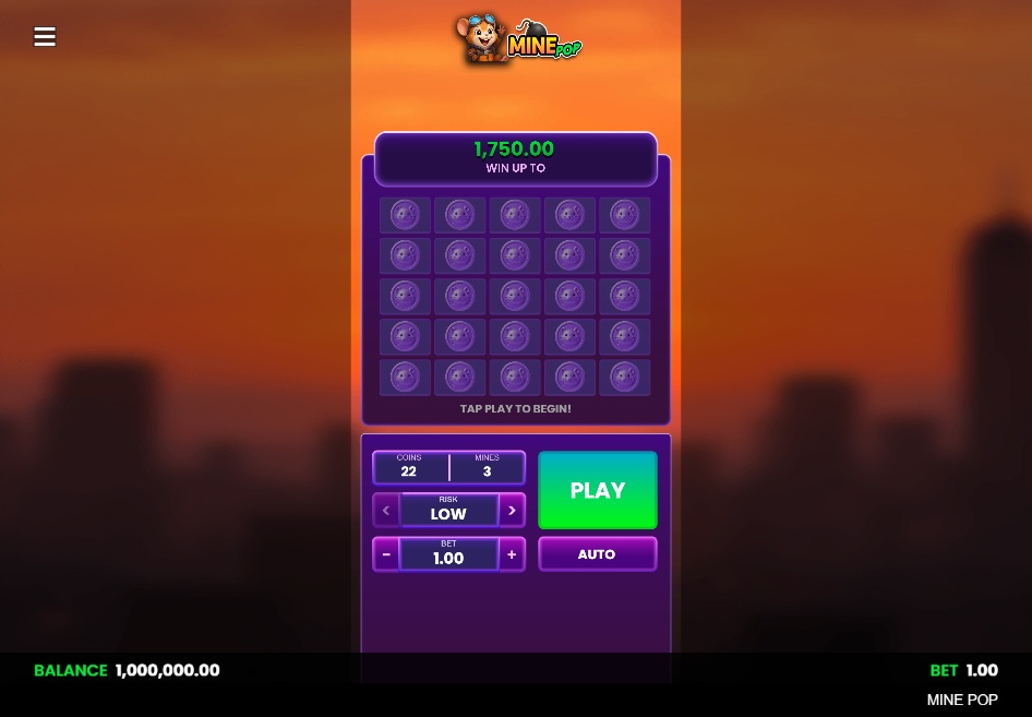The main game grid of the Mine Pop game, showing the 5x5 tile layout before a round begins.