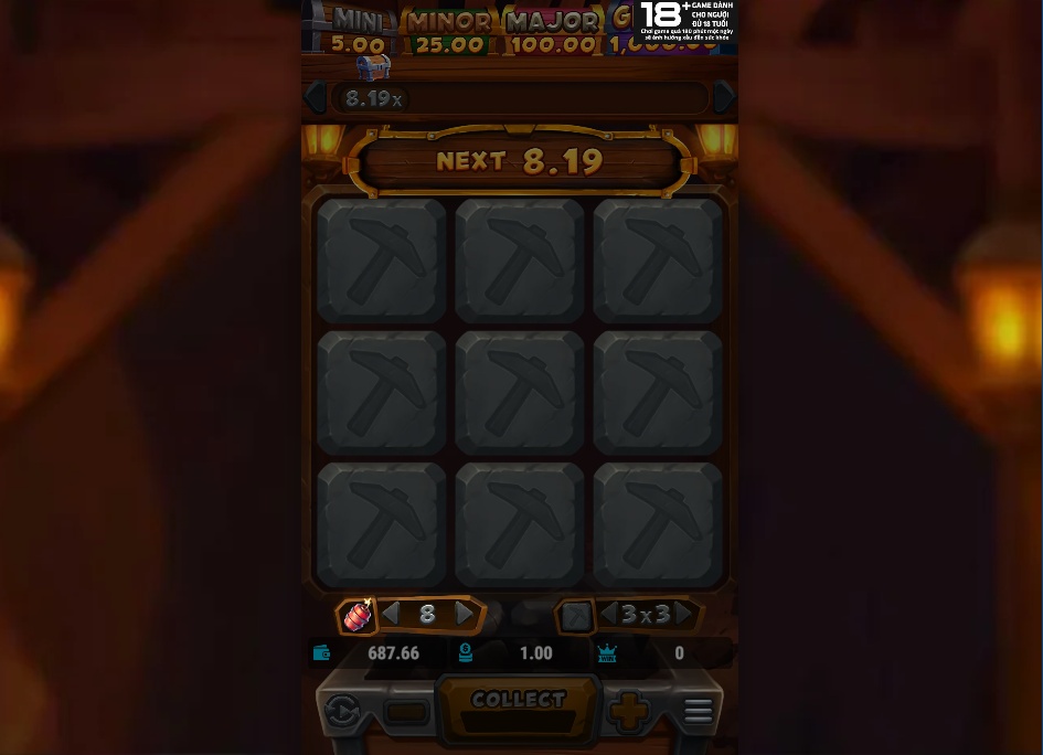 The 3x3 grid in the Mines slot by Live22, showing the initial game board before any tiles are selected.