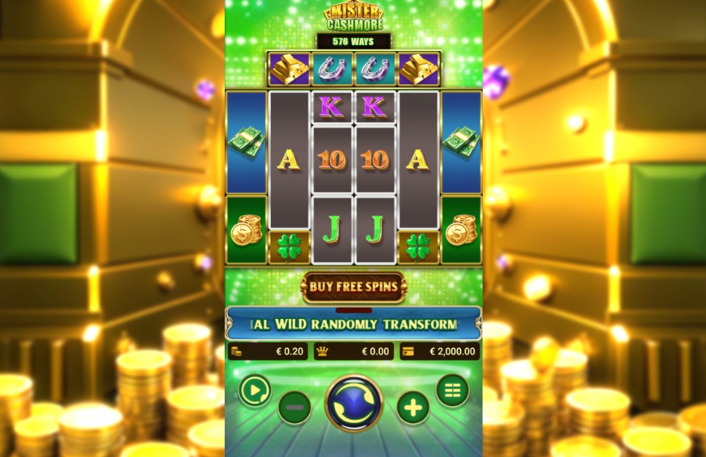 The main game grid of the Mister Cashmore slot, showcasing the Ways to Win mechanic and the top cart reel.