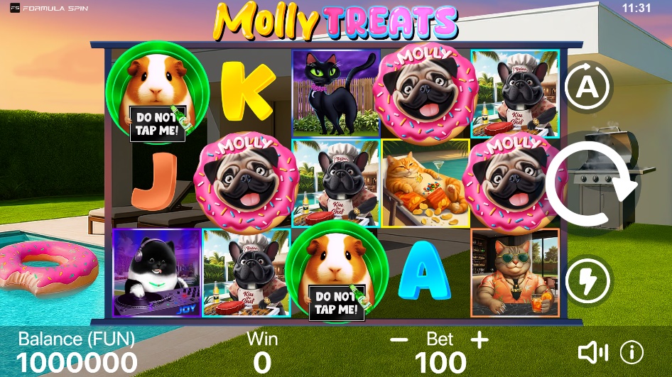 The base game grid of the Molly Treats slot, showing the animal character symbols on the 5x3 reels.