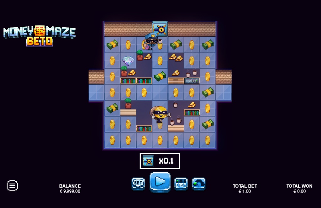 A full-screen view of the Money Maze Beto game, showing the pixelated character in the maze surrounded by coins and bills.