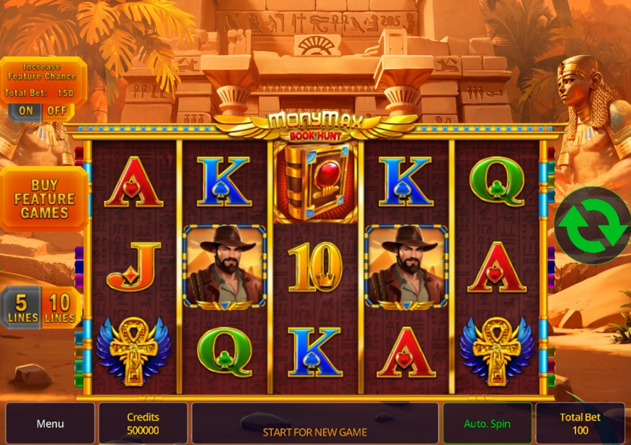 The main game screen of MonyMax Book Hunt slot, showing the 5x3 reel layout against an Egyptian temple backdrop.