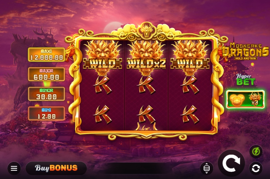 The 3x3 reel layout of the Mooncake Dragons Hold and Win slot, showcasing the Asian-themed symbols and jackpot values.