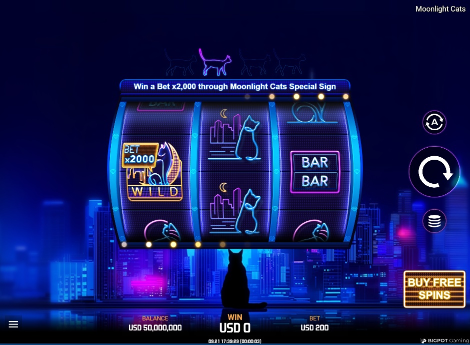 The base game grid of the Moonlight Cats slot, showing the 3x3 reels and a special Wild symbol.