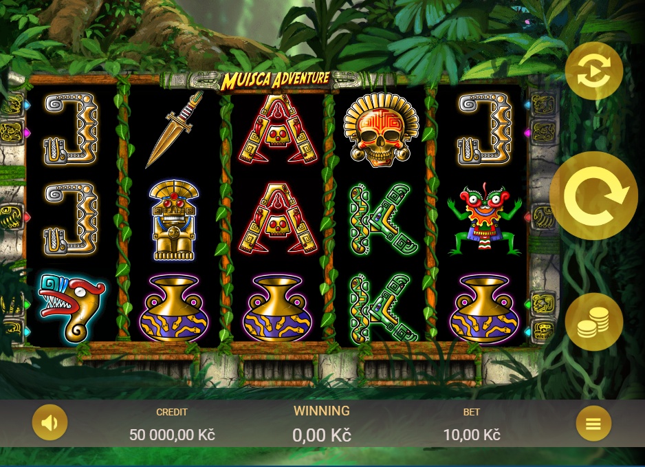 The 5x3 reel layout of the Muisca Adventure slot, showing the game's ancient civilization symbols during base gameplay.