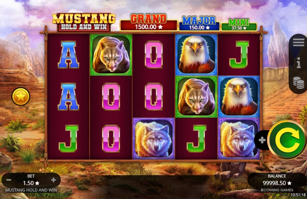 Mustang Hold and Win slot base game with a 5x3 grid showing wild animal symbols and card icons on a canyon backdrop.