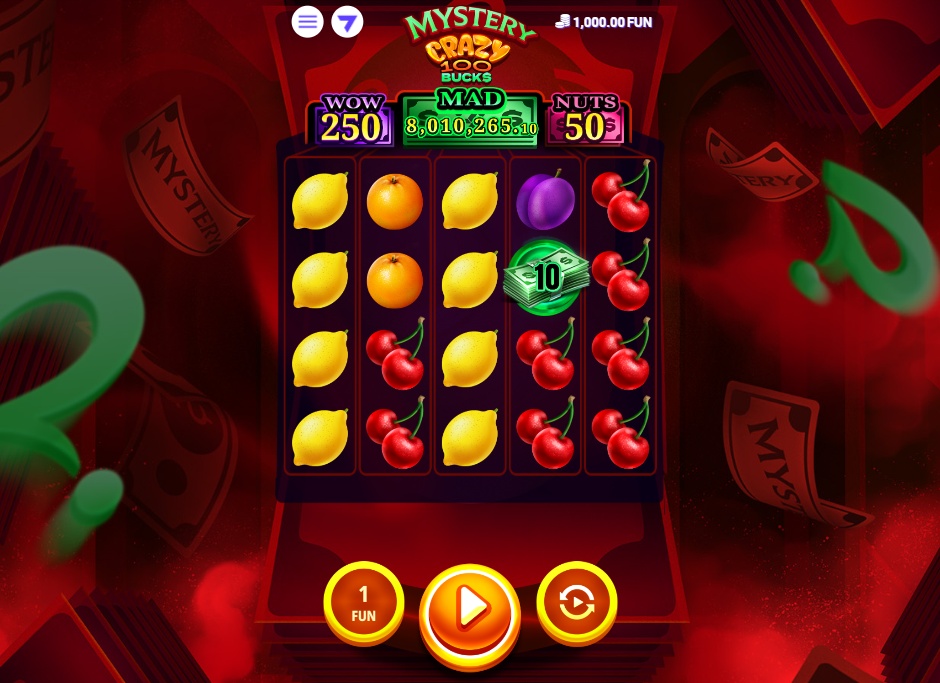 The 5x4 reel layout of the Mystery Crazy 100 Bucks slot, showcasing the classic fruit symbols and jackpot tickers above.