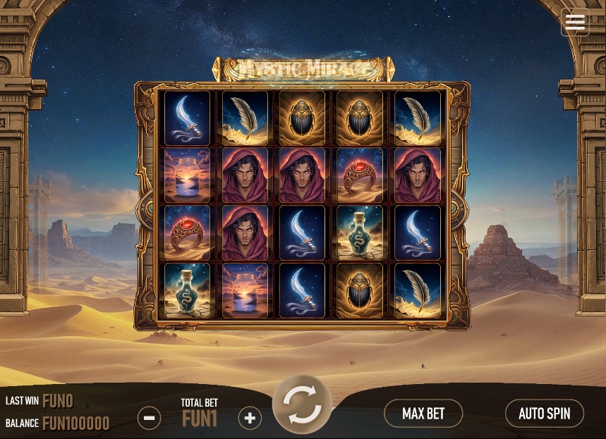 The main 5x4 game grid of the Mystic Mirage slot, showcasing the game's symbols against a desert backdrop.