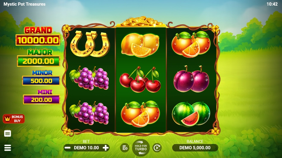 The base game grid of the Mystic Pot Treasures slot, showing the 3x3 reel layout, fruit symbols, and the four fixed jackpots.