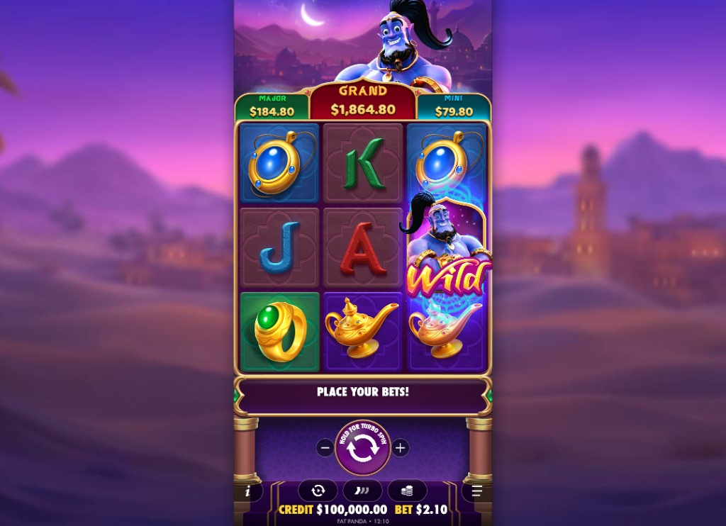 Mystic Wishes slot base game interface showing 5 reels, 3 rows, and Arabian themed symbols by Pragmatic Play.