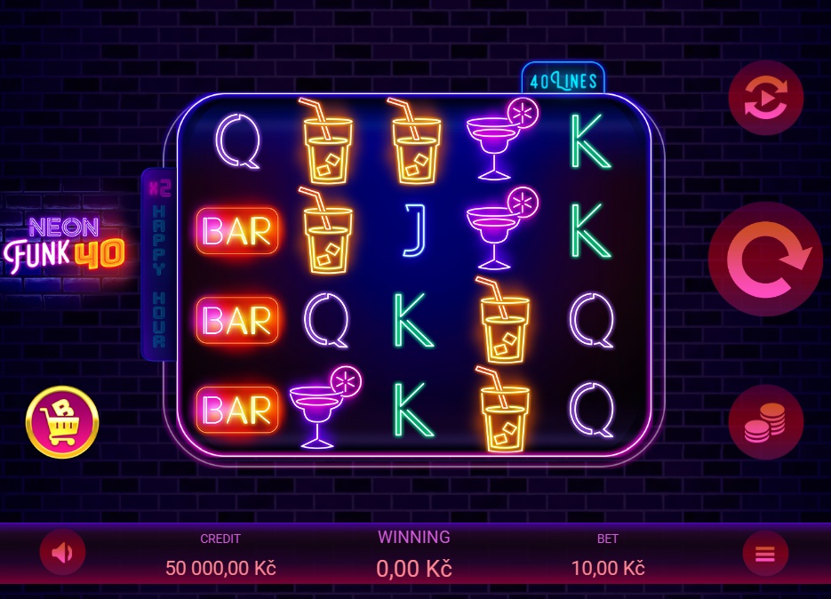 The 5x4 game grid of the Neon Funk 40 slot showcasing its neon symbols during base gameplay.