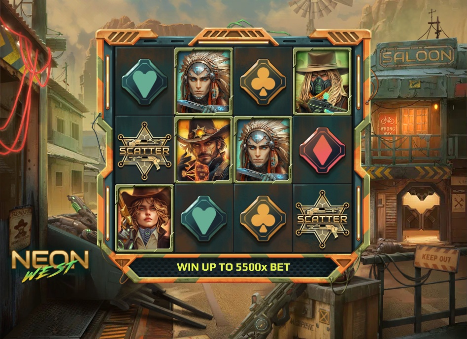 The 4x3 game grid of the Neon West slot, showcasing its cyberpunk cowboy and Native American character symbols.