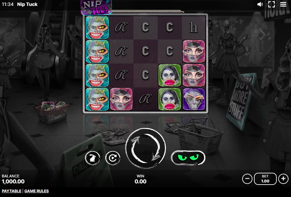 The main 5x4 game grid of the Nip Tuck slot, showcasing its unique satirical art style and symbols.