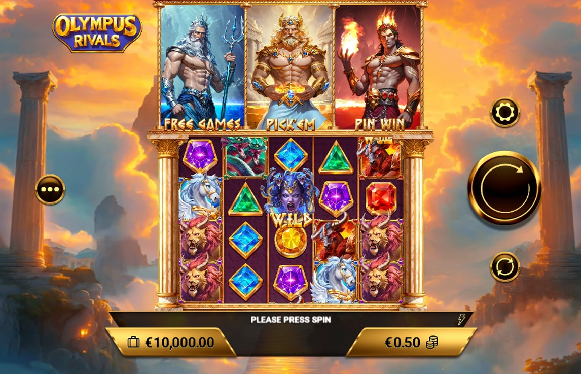 The main game screen of the Olympus Rivals slot, showcasing the 5x3 grid with Greek mythology symbols like the Medusa Wild, with the three main god-themed bonus features displayed at the top.