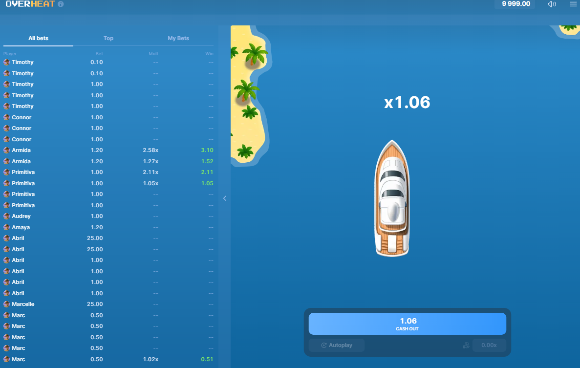 The main gameplay screen of the Overheat crash game, showing the boat, the current multiplier, and the cash out button.